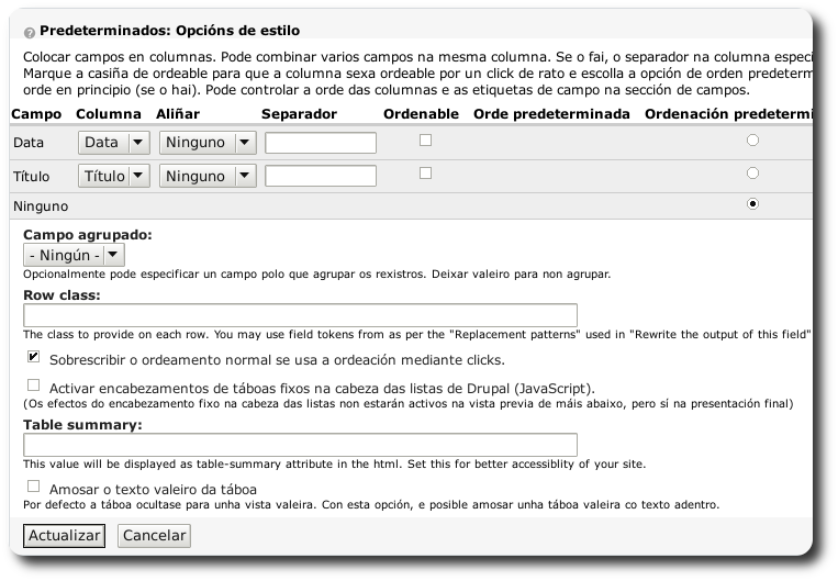 Opcións estilo de táboa
