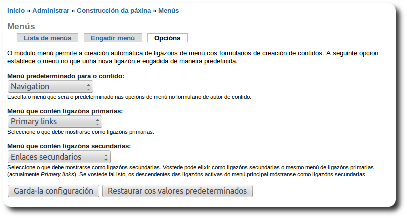 Opci&oacute;ns de Men&uacute;s