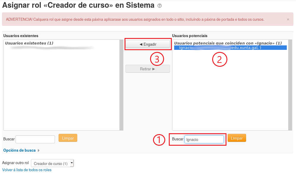 Asignar rol creador de curso ao profesorado