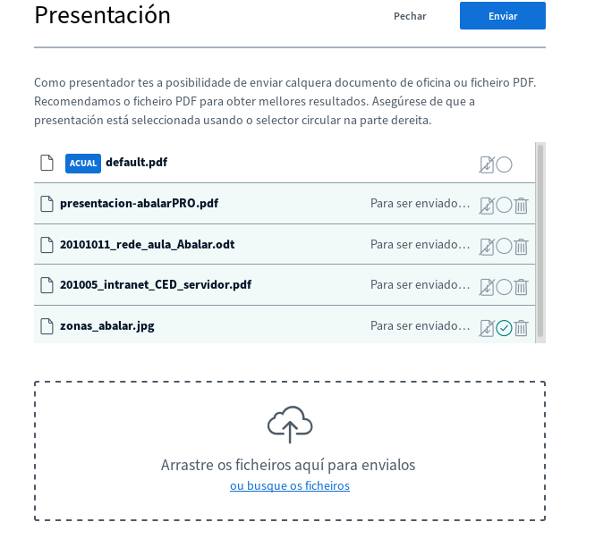 Pantalla de subida de ficheiros