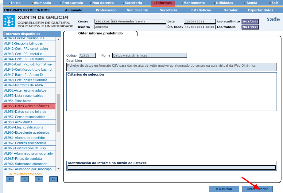 Obter informe AL955-Datos webs dinámicas