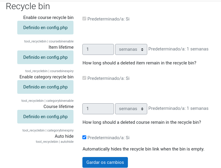 Configuración da papeleira de reciclaxe