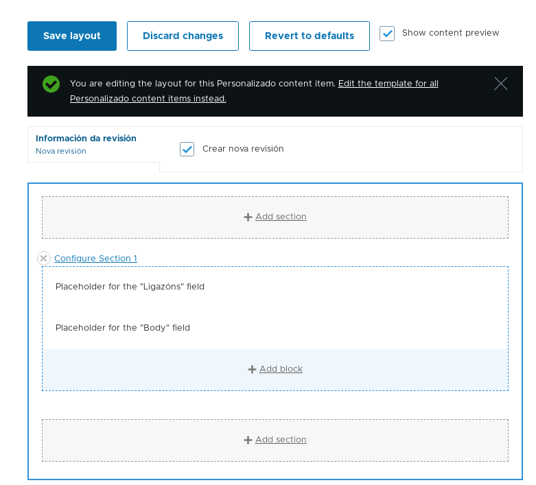 Seccións e bloques por defecto