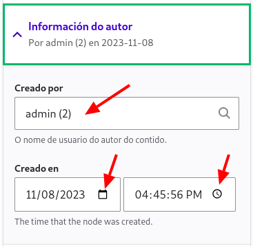 Información de autor, data e hora
