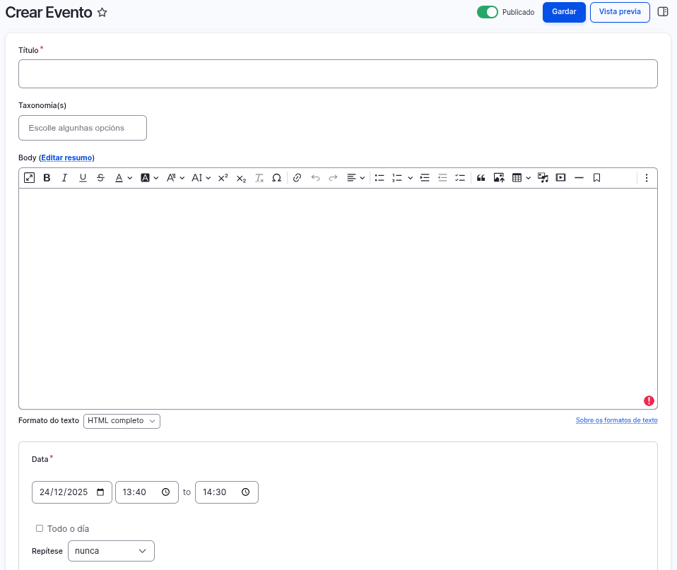 DRUPAL10: Tipos de contido Artigo, Páxina básica, Destaque e Evento | AV
