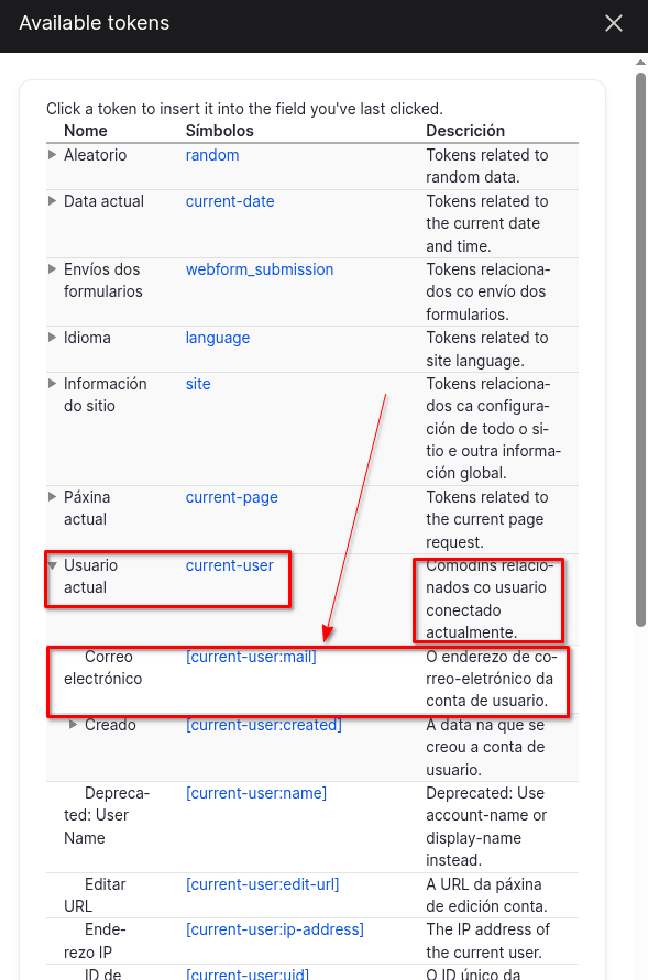 Token current user email