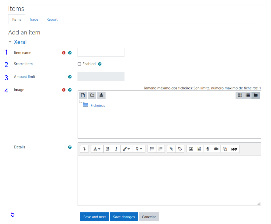 Páxina de creación de obxectos