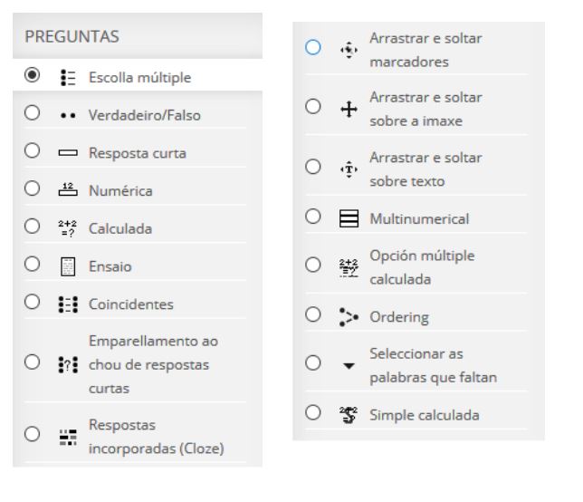 Tipos de pregunta dunha proba