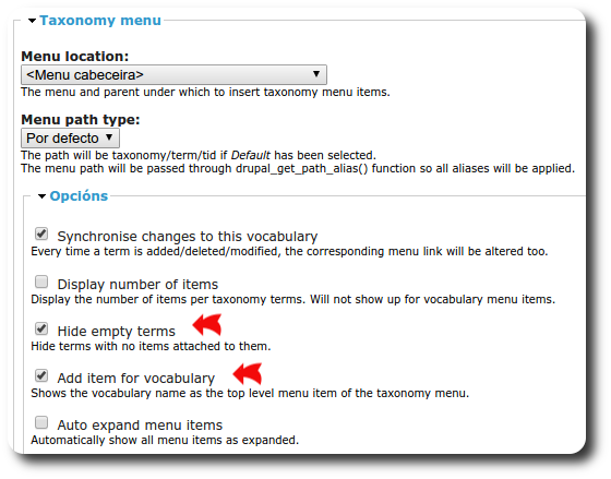 opcións de Taxonomy menu