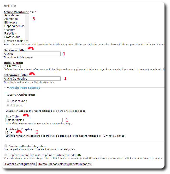 Configuración de Articles