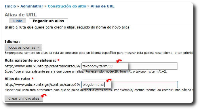 Engadir alias de URL