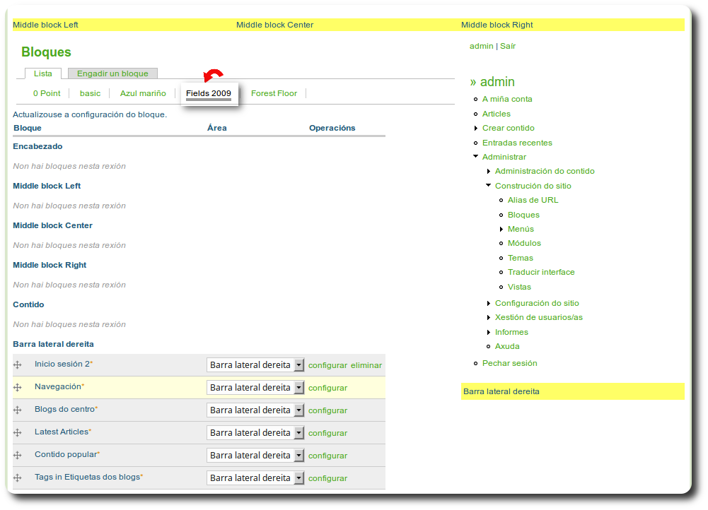 Configuración de bloques para o tema Fields 2009
