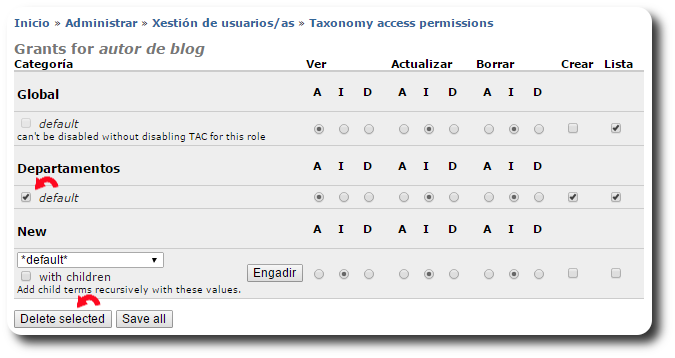 Borrar permisos para crear en Departamentos