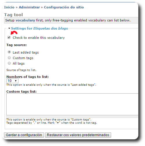 Configuración de Tag tool