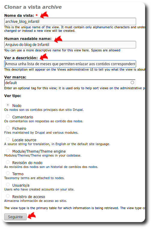 Cambiar nome e descrición da vista archive