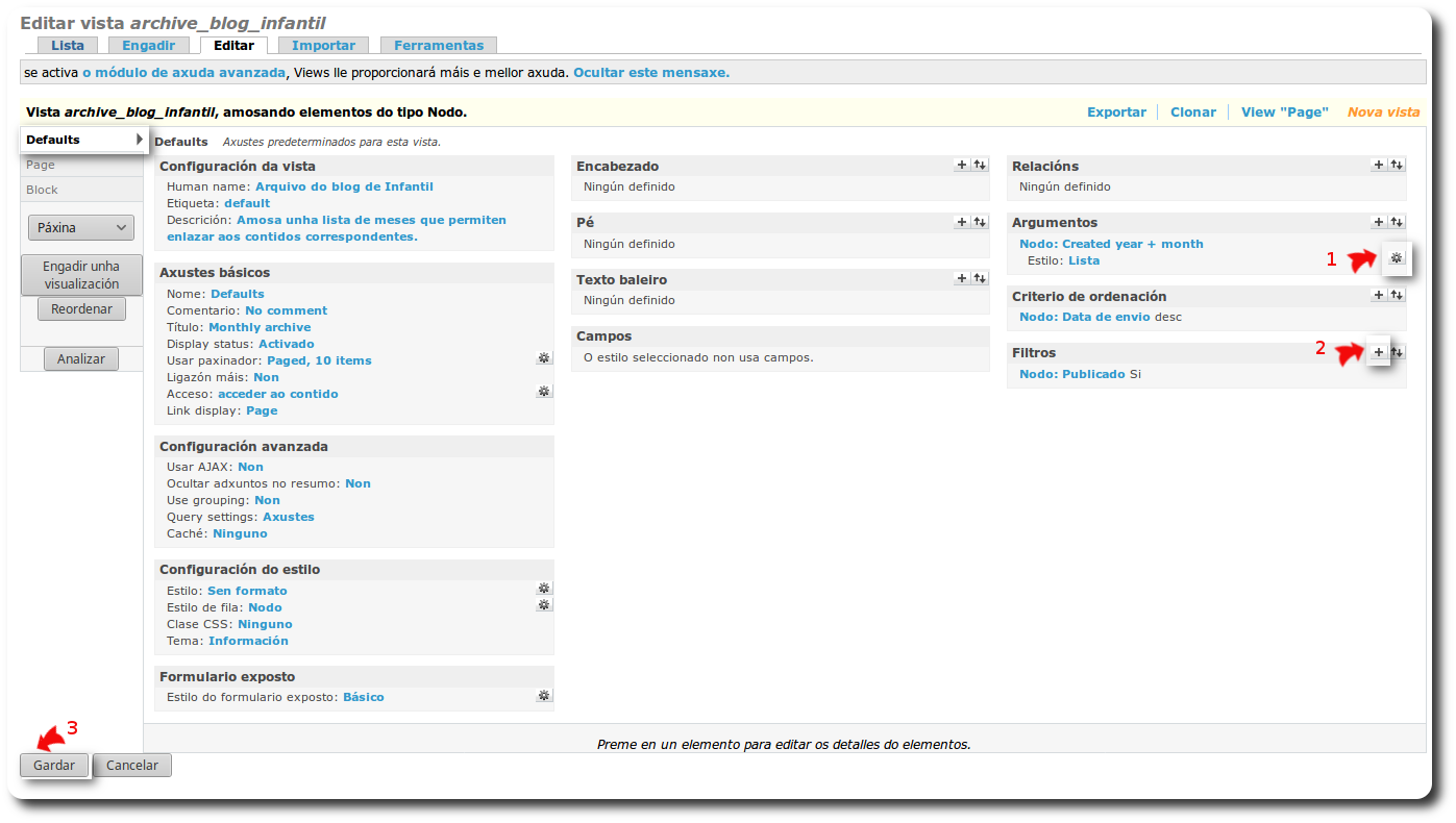 Editar Defaults da vista de archive