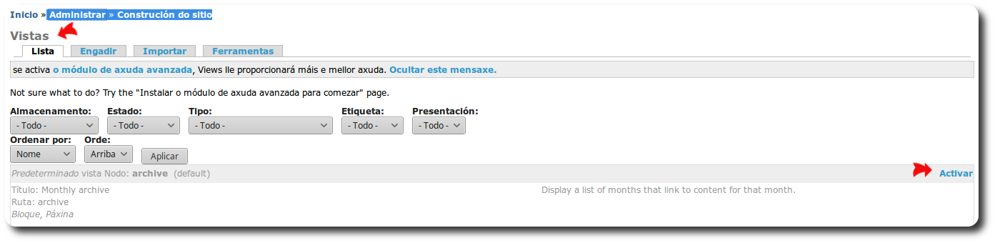 Activar a vista Archive