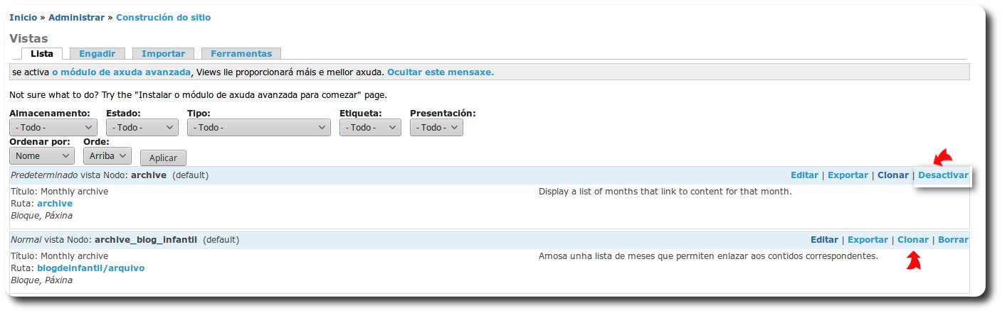 Desactivar a Vista Archive