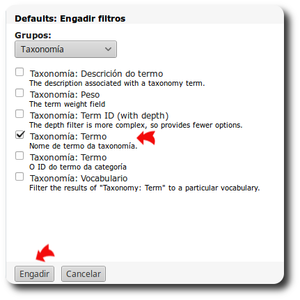 Seleccionar Taxonomia:Termo