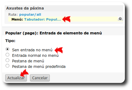 Axustes de páxina: Menú