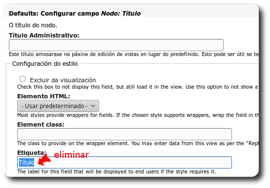 Eliminar etiqueta do campo Nodo: Título