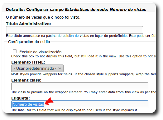 modificar etiqueta do campo Estadísticas do nodo:Número de vistas