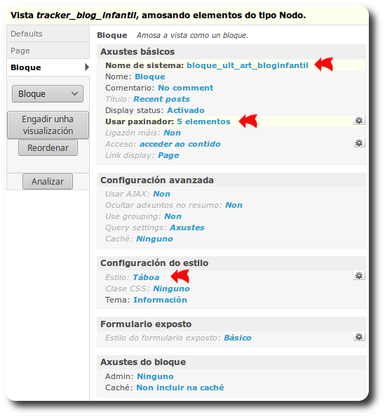 Configuración da vista tracker (Block)