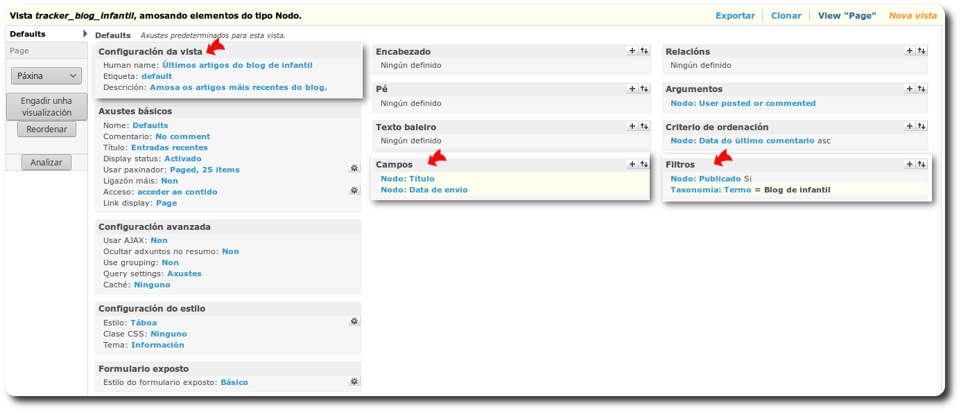 Configuración da vista tracker (Defaults)