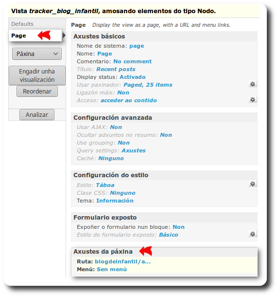 Configuración da vista tracker (Page)